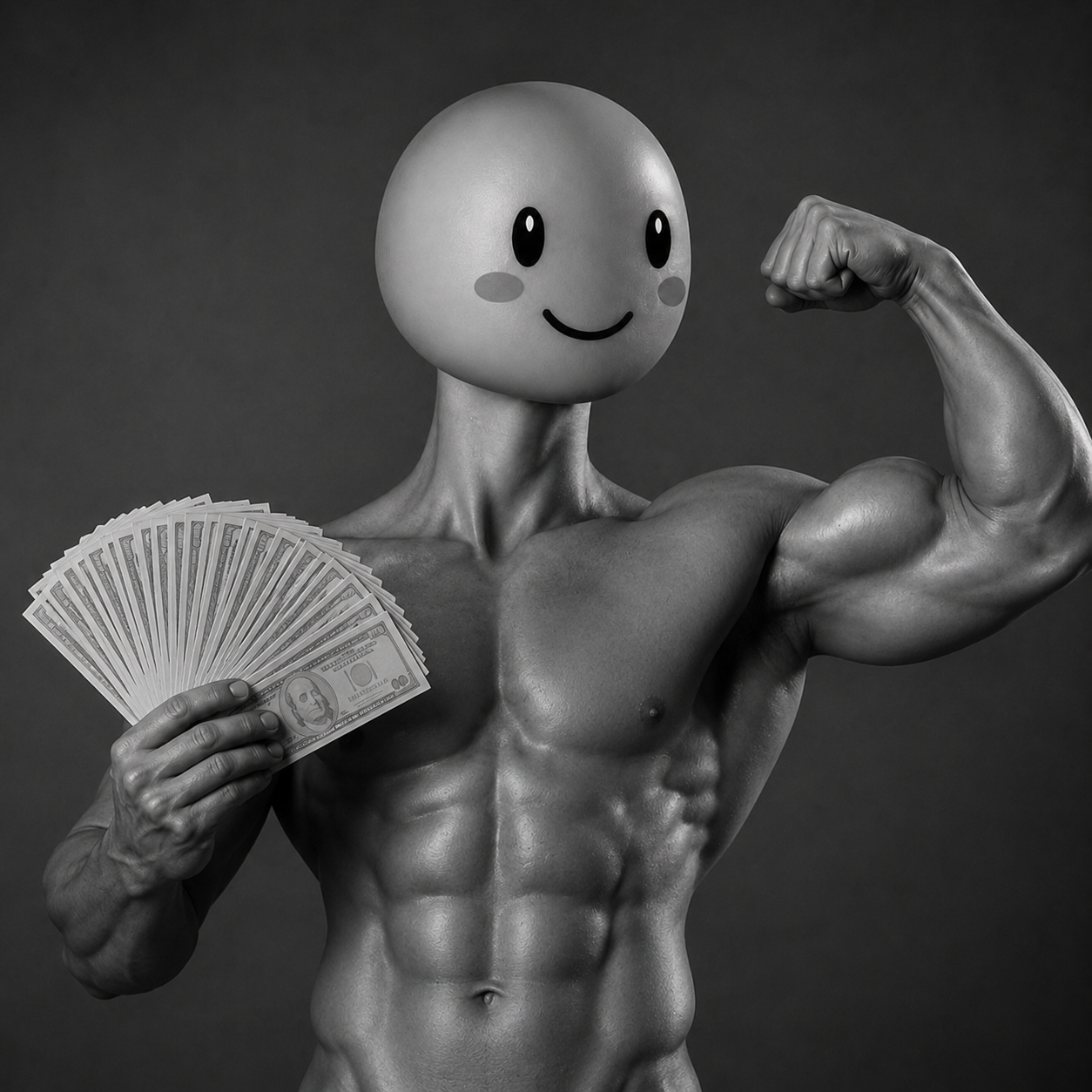 CUPCY holding a fan of cash while flexing his bicep.