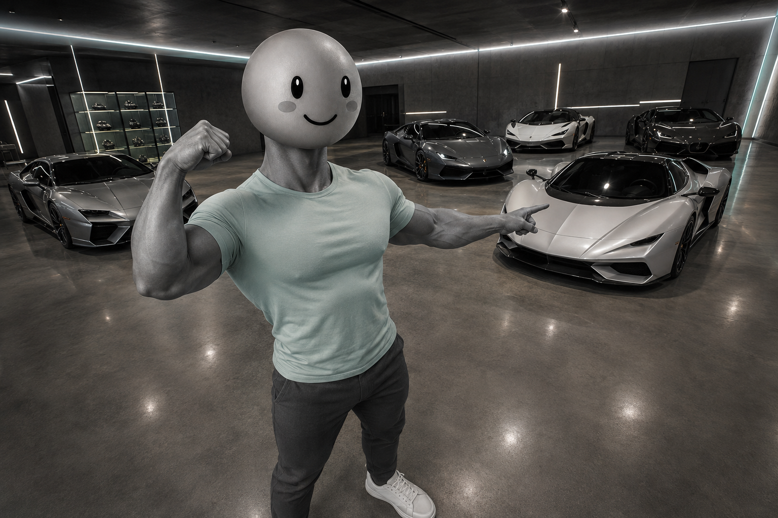 CUPCY flexing inside a private supercar collection garage.